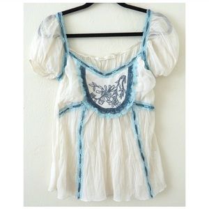 * Bisou D’eve Blue White Silk Blouse sz S